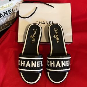 Chanel Black and White Embroidered Sandals